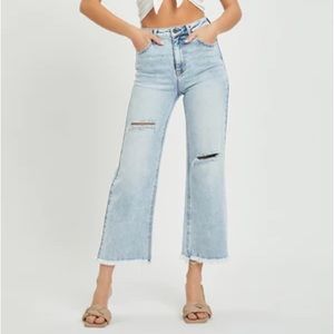 Risen Jeans- HIGH RISE FRAYED ANKLE WIDE JEANS